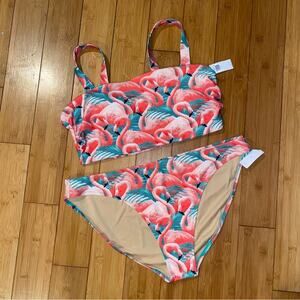 Old Navy Plus Size 2X Bikini Aqua Pink Flamingo Print 2 Piece Swimsuit NEW
